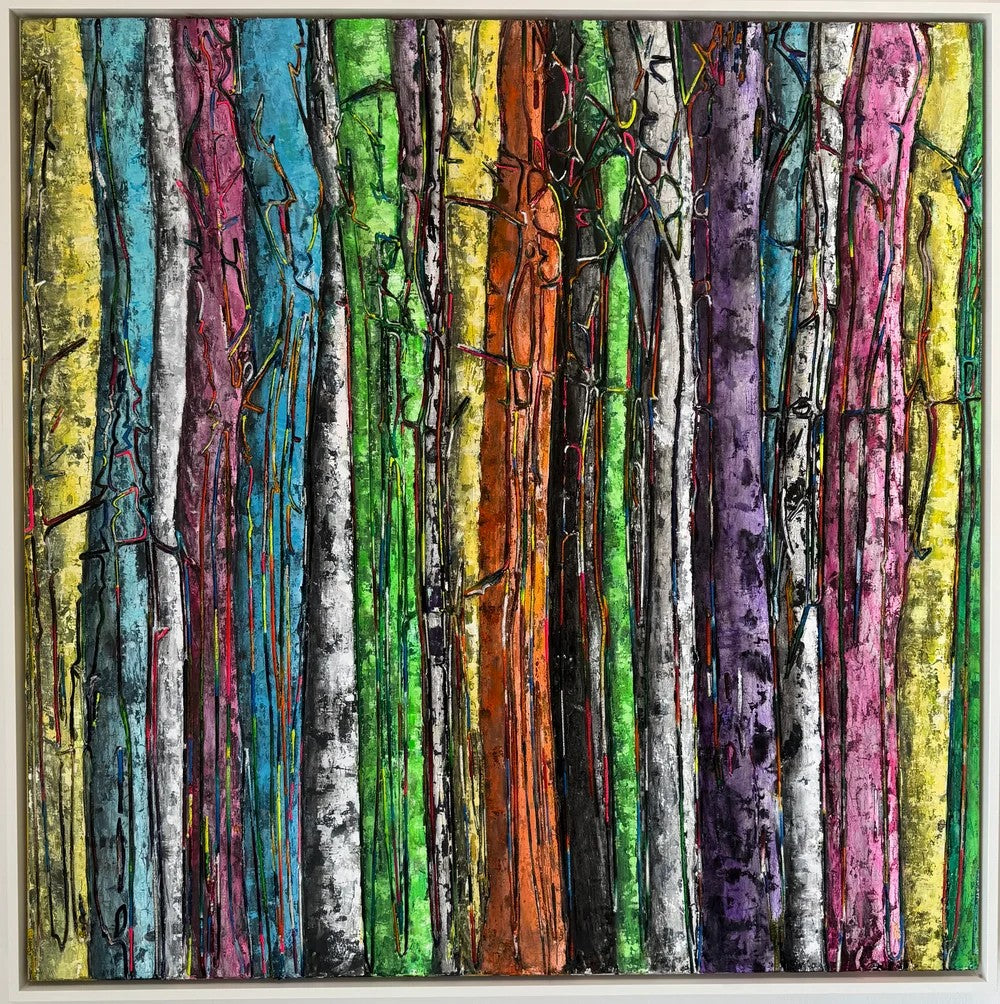 Lush Escape II by Haleh Mashian, textured abstract tree painting in vibrant colors