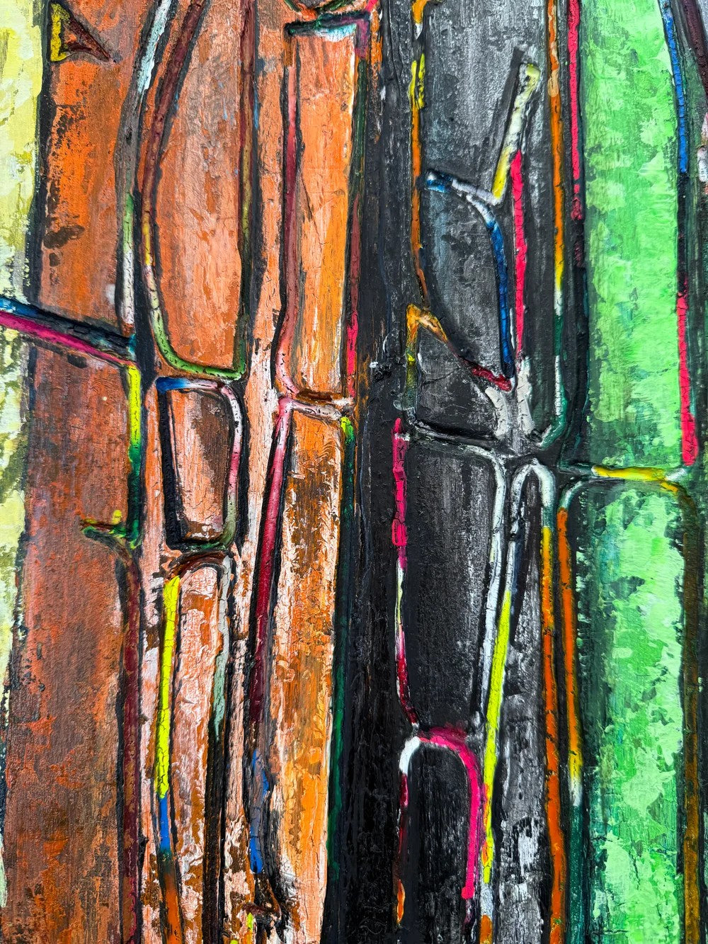 Close-up of textured paint and colorful lines in Lush Escape II by Haleh Mashian