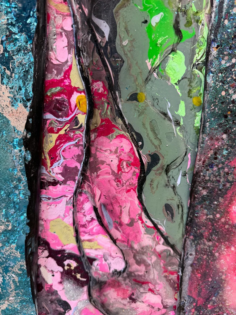 Close-up of pink and green marbled texture in Untamed Stillness by Haleh Mashian