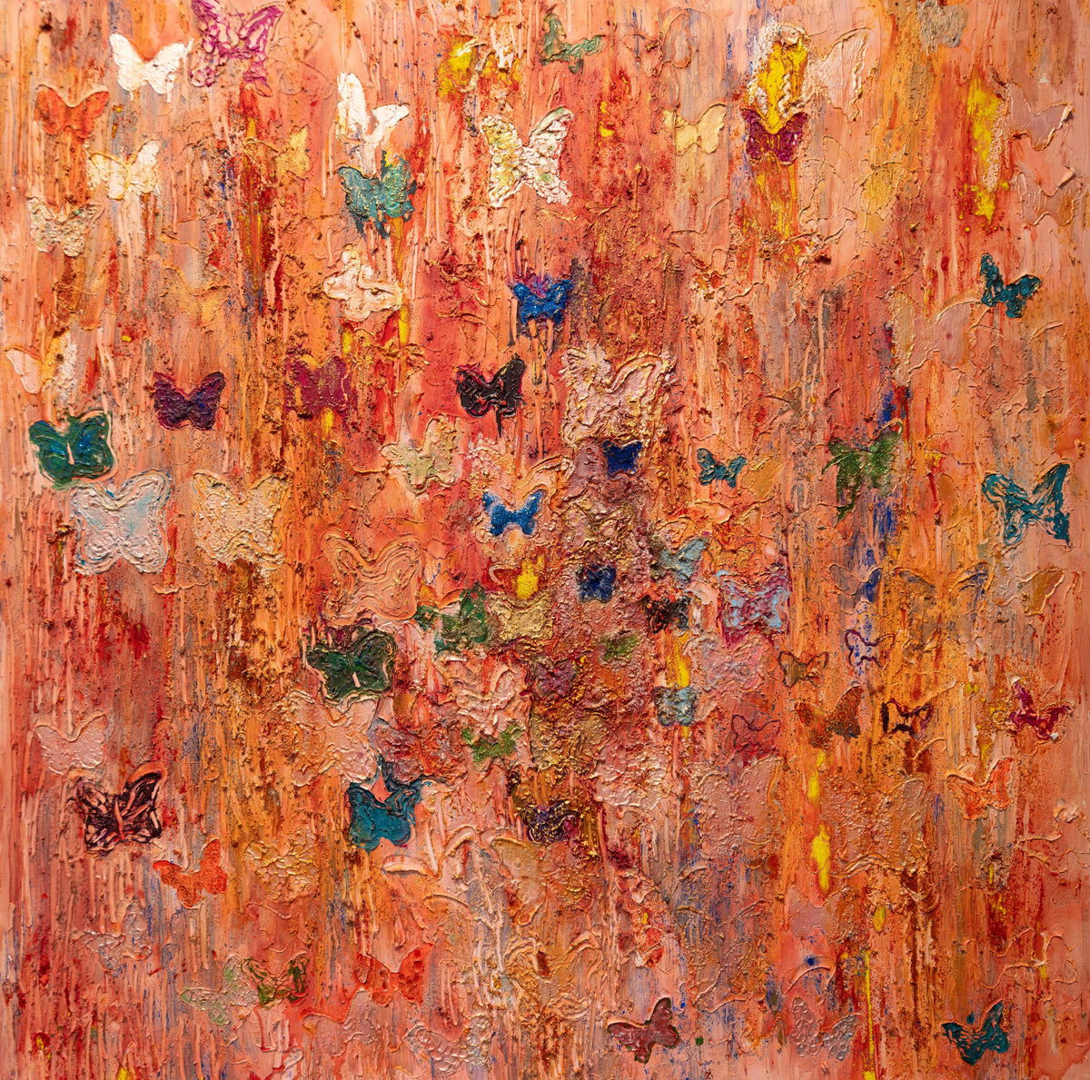 Square textured painting in coral and terracotta with dripping vertical streaks and many butterflies in teal, navy, pink and white.