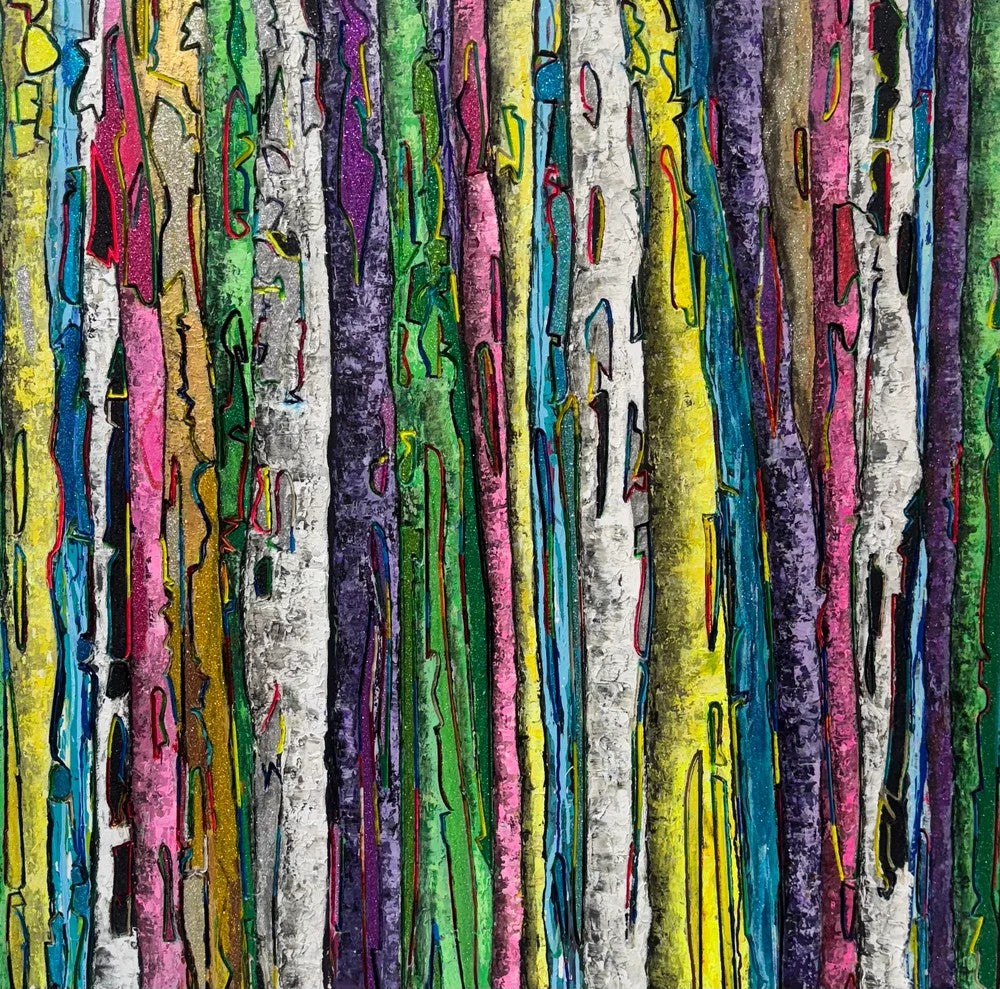 Abstract vertical artwork featuring textured, bark-like forms in bright yellow, green, blue, pink, purple, white, and black, filling the entire frame.