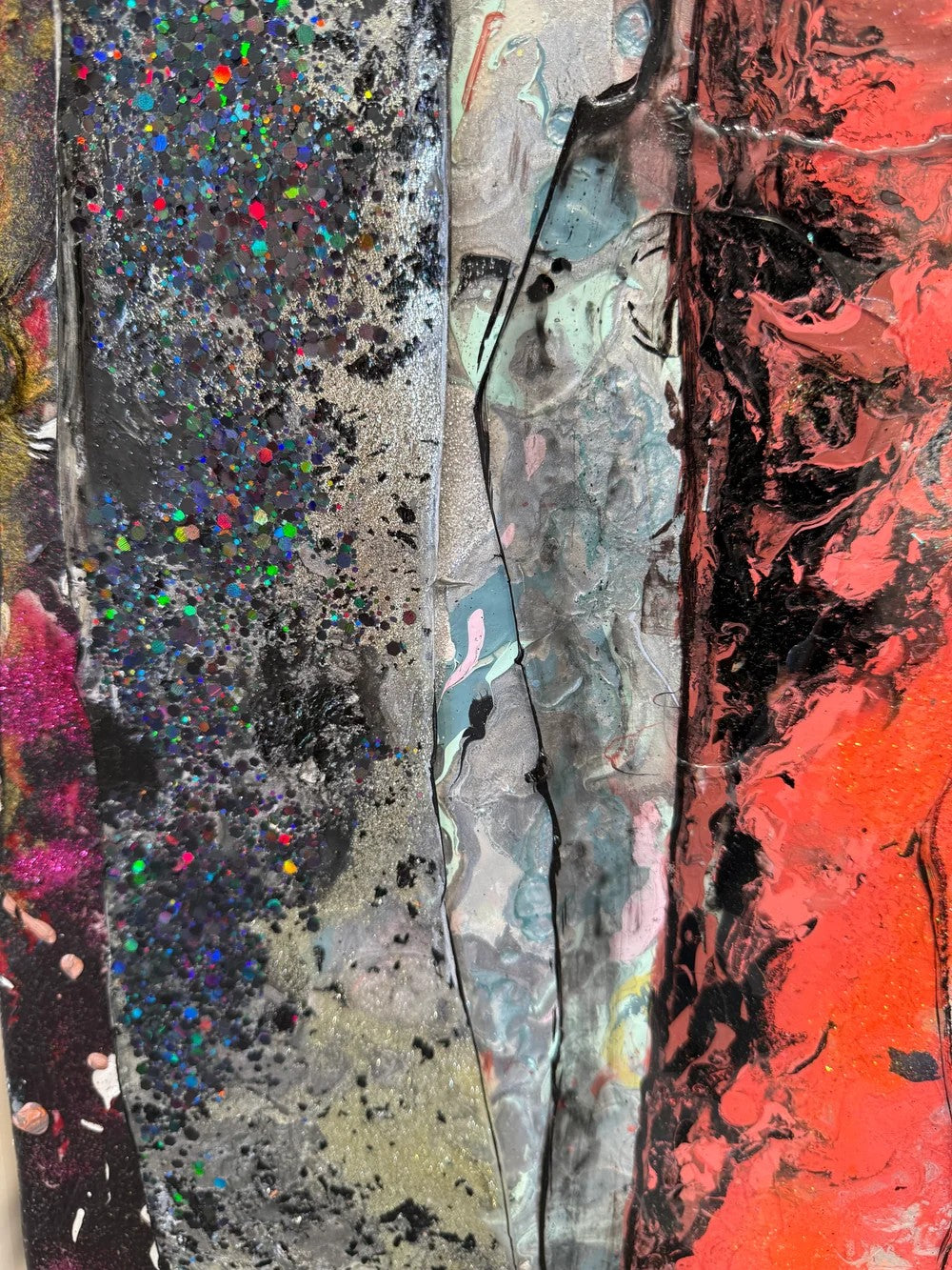 Close-up of holographic glitter and coral resin in Untamed Stillness by Haleh Mashian