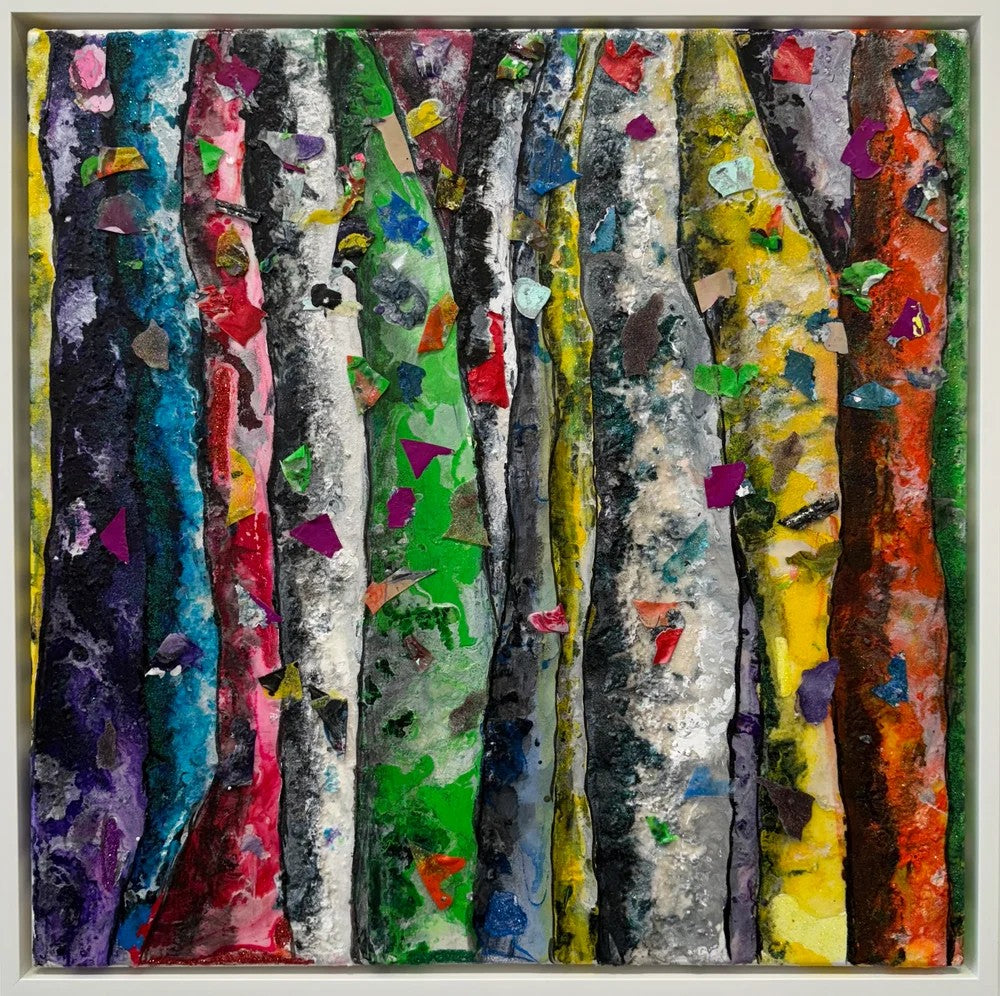Vibrant Whisper by Haleh Mashian, mixed media tree painting with collage pieces